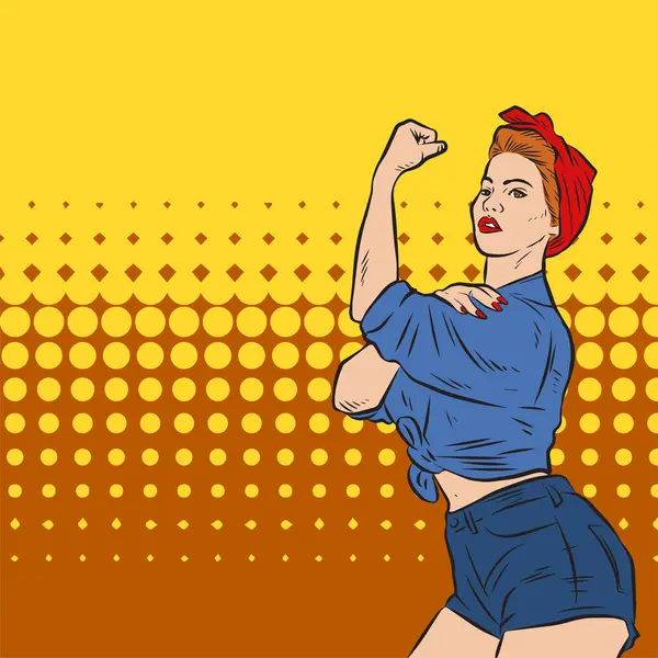 Genç ve güzel bir kadının, eski çizgi roman tarzı pop sanatıyla çizilmiş kol kaslarını gösterişi. Retro kadın işçi gücü ya da feminizm sembolü..