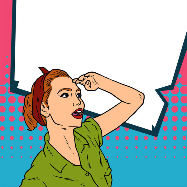 Иллюстрация ретро-женщины вблизи, смотрящей вверх.