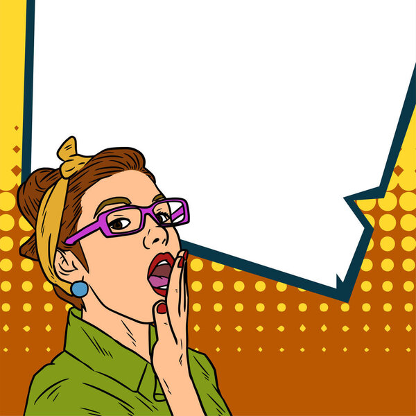 Иллюстрация ретро-женщины с закрытым лицом с выражением рта и пальцами, закрывающими рот.