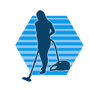 Bir kadının silueti elektrik süpürgesi kullanarak temizlik yapıyor.