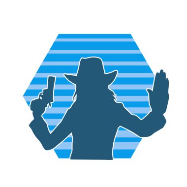 Silhouette of a female model wearing cowboy costume. Silhouette of a cowgirl carrying hand gun. clipart