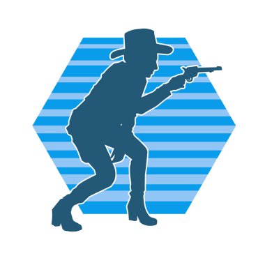 Kovboy kostümü giymiş bir kadın modelin silueti. Silah taşıyan bir kovboy kız silueti..