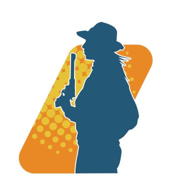 Kovboy kostümü giymiş bir kadın modelin silueti. Silah taşıyan bir kovboy kız silueti..