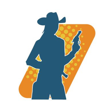 Kovboy kostümü giymiş bir kadın modelin silueti. Silah taşıyan bir kovboy kız silueti..