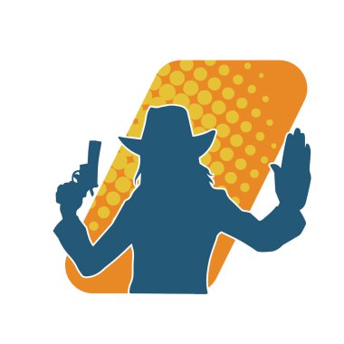 Kovboy kostümü giymiş bir kadın modelin silueti. Silah taşıyan bir kovboy kız silueti..