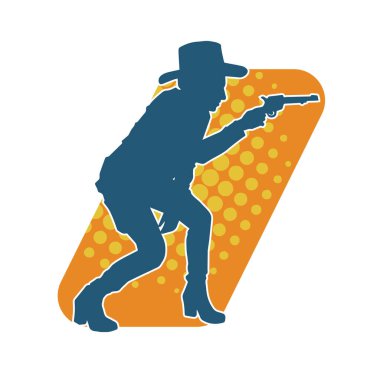 Kovboy kostümü giymiş bir kadın modelin silueti. Silah taşıyan bir kovboy kız silueti..