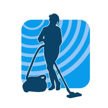 Bir kadının silueti elektrik süpürgesi kullanarak temizlik yapıyor.