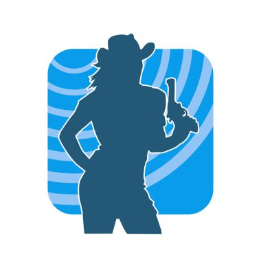 Silhouette of a female model wearing cowboy costume. Silhouette of a cowgirl carrying hand gun. clipart