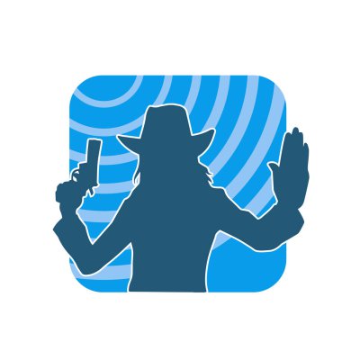 Kovboy kostümü giymiş bir kadın modelin silueti. Silah taşıyan bir kovboy kız silueti..