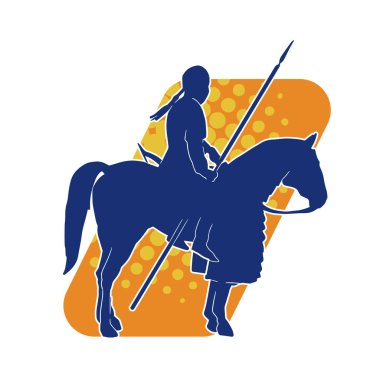 Mızrak taşıyan atlı süvari askerinin silueti. Üzerinde bir erkek asker olan bir atın silueti..