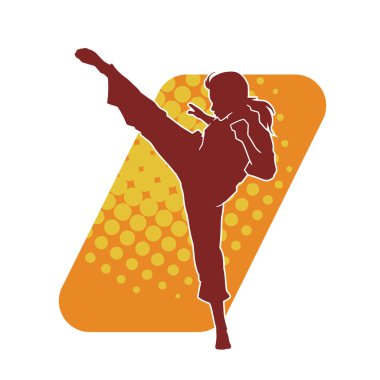 Dövüş sanatları tekmesi atan bir kadının silueti. Sportif bir kadının silueti tekme hareketi yapıyor..