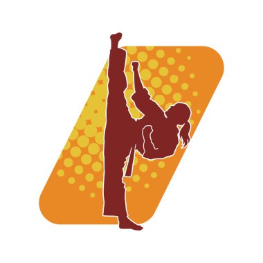 Dövüş sanatları tekmesi atan bir kadının silueti. Sportif bir kadının silueti tekme hareketi yapıyor..