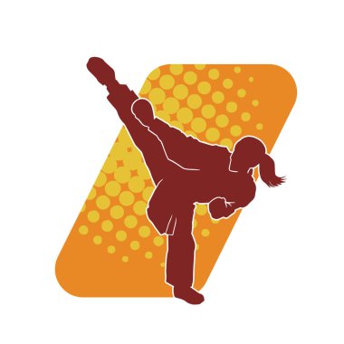Dövüş sanatları tekmesi atan bir kadının silueti. Sportif bir kadının silueti tekme hareketi yapıyor..