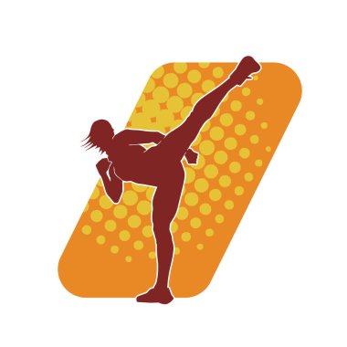 Dövüş sanatları tekmesi atan bir kadının silueti. Sportif bir kadının silueti tekme hareketi yapıyor..