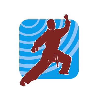 Dövüş sanatları tekmesi atan bir kadının silueti. Sportif bir kadının silueti tekme hareketi yapıyor..