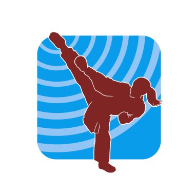 Dövüş sanatları tekmesi atan bir kadının silueti. Sportif bir kadının silueti tekme hareketi yapıyor..