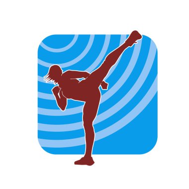 Dövüş sanatları tekmesi atan bir kadının silueti. Sportif bir kadının silueti tekme hareketi yapıyor..
