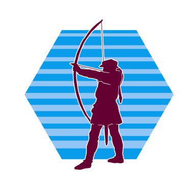 Hareketli erkek okçu savaşçısının silueti. Okçuluk silahı taşıyan bir adamın silueti..