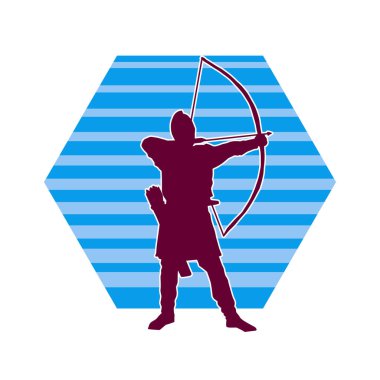 Hareketli erkek okçu savaşçısının silueti. Okçuluk silahı taşıyan bir adamın silueti..