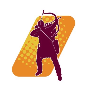 Hareketli erkek okçu savaşçısının silueti. Okçuluk silahı taşıyan bir adamın silueti..