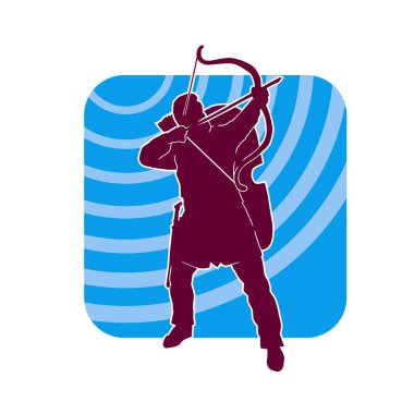 Hareketli erkek okçu savaşçısının silueti. Okçuluk silahı taşıyan bir adamın silueti..