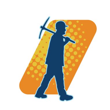 Görev sırasında baltayla dolaşan işçi kostümlü bir adamın silüeti. Bir madencinin hareket halindeki silueti balta aracı ile poz verir.