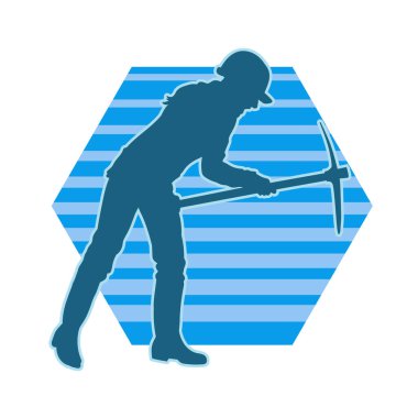 Kazma aletle poz veren, işçi kostümü giyen bir kadının silueti. Kazma aleti taşıyan madenci kostümlü bir kadının silueti..