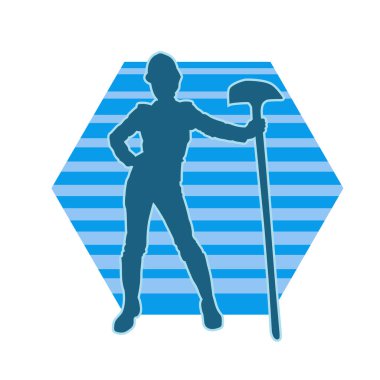 Çalışan kostümü giyen bir kadının silüeti. Kürek aletleriyle poz veriyor..