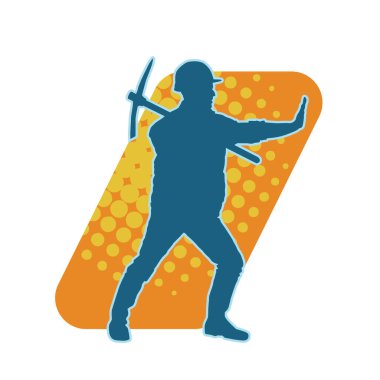 Görev sırasında baltayla dolaşan işçi kostümlü bir adamın silüeti. Bir madencinin hareket halindeki silueti balta aracı ile poz verir.