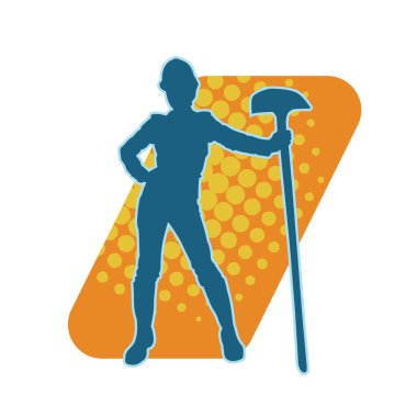 Çalışan kostümü giyen bir kadının silüeti. Kürek aletleriyle poz veriyor..