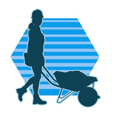 Bir kadın inşaat işçisinin silueti yürüyor ve bir el arabasını itiyor..