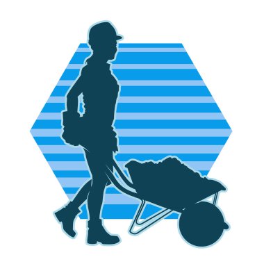 Bir kadın inşaat işçisinin silueti yürüyor ve bir el arabasını itiyor..