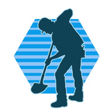 Bir erkek işçinin silüeti bir kürek aletiyle toprağı kazıyor..