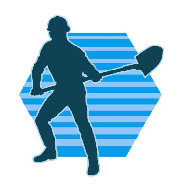 Bir erkek işçinin silüeti bir kürek aletiyle toprağı kazıyor..