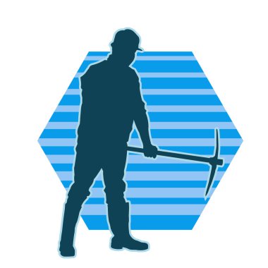 Mat aletini sallayan bir işçinin silüeti. Bir erkek işçinin silueti. Güvenlik kaskı takıyor. Elinde yemek baltası var..