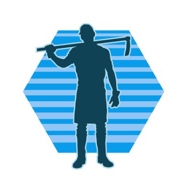 Kazma aleti sallayan bir işçinin silüeti. Bir erkek işçinin silueti. Güvenlik kaskı takıyor. Elinde yemek baltası var..