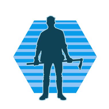 Kazma aleti sallayan bir işçinin silüeti. Bir erkek işçinin silueti. Güvenlik kaskı takıyor. Elinde yemek baltası var..