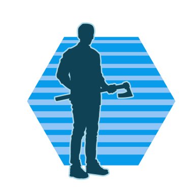 Geniş bir balta tutan bir erkeğin silueti. Elinde baltayla bir oduncunun silueti..