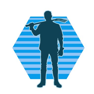 Elinde yaba tutan bir bahçıvanın silüeti. Çatal aletli bir inşaat işçisinin silueti..