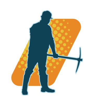 Mat aletini sallayan bir işçinin silüeti. Bir erkek işçinin silueti. Güvenlik kaskı takıyor. Elinde yemek baltası var..