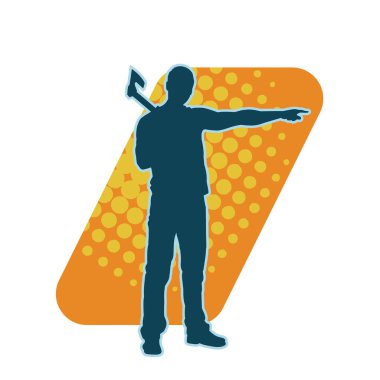 Geniş baltalı bir erkek oduncunun silueti. Elinde baltayla ayakta duran bir orman işçisinin silueti..