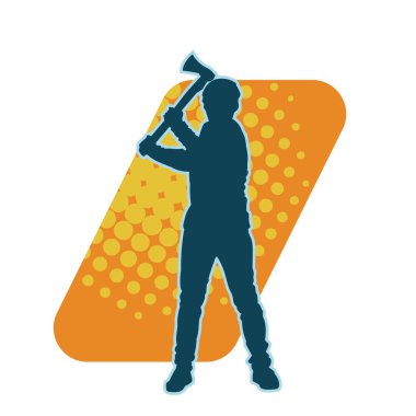 Balta sallayan bir erkek işçinin silueti. Balta sallayan bir orman oduncusunun silueti..