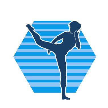 Dövüş sanatları tekmesi atan bir kadının silueti. Sportif bir kadının silueti tekme hareketi yapıyor..