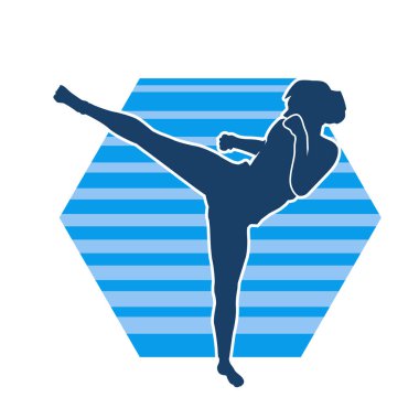 Dövüş sanatları tekmesi atan bir kadının silueti. Sportif bir kadının silueti tekme hareketi yapıyor..