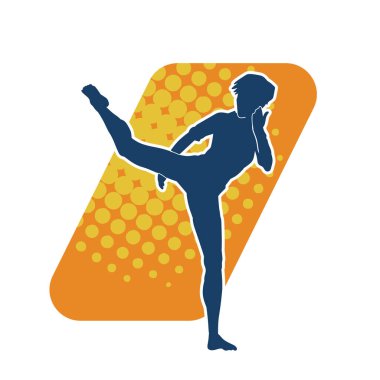 Dövüş sanatları tekmesi atan bir kadının silueti. Sportif bir kadının silueti tekme hareketi yapıyor..