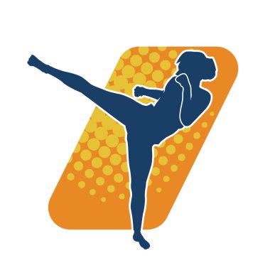 Dövüş sanatları tekmesi atan bir kadının silueti. Sportif bir kadının silueti tekme hareketi yapıyor..