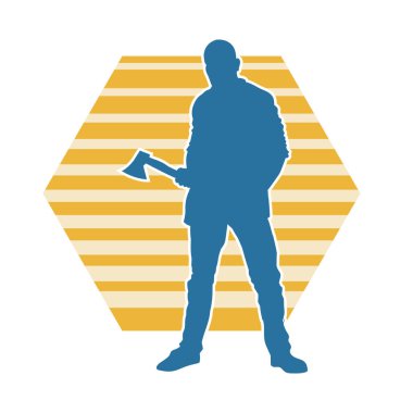 Balta sallayan bir erkek işçinin silueti. Balta sallayan bir orman oduncusunun silueti..