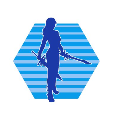 Ortaçağ kadın savaşçısının silueti kılıçlı poz veriyor..