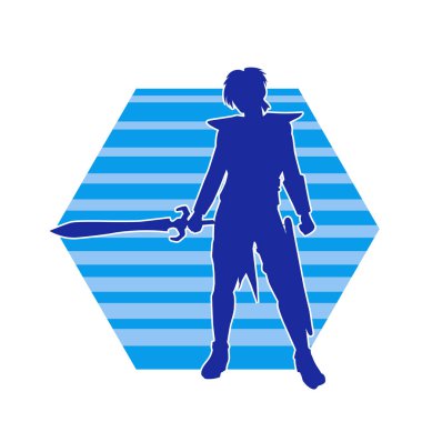 Ortaçağ kadın savaşçısının silueti kılıçlı poz veriyor..