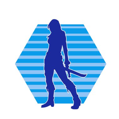 Ortaçağ kadın savaşçısının silueti kılıçlı poz veriyor..